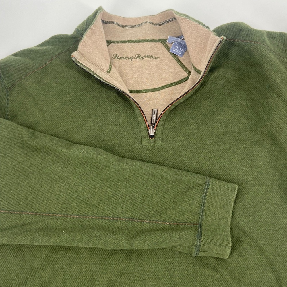 Tommy Bahama Reversal Quarter Zip Pullover Sweater Tan/Green Trim Size 2XL